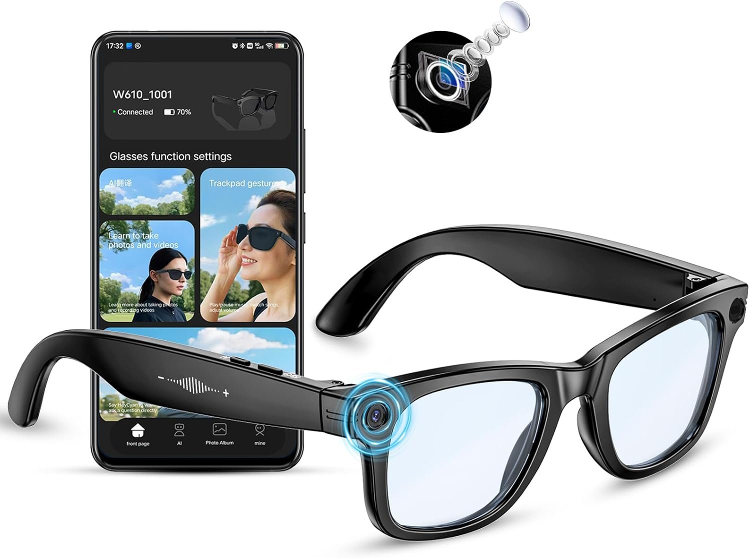AI smart camera glasses working with app on phone AI smart camera glasses working with app on phone