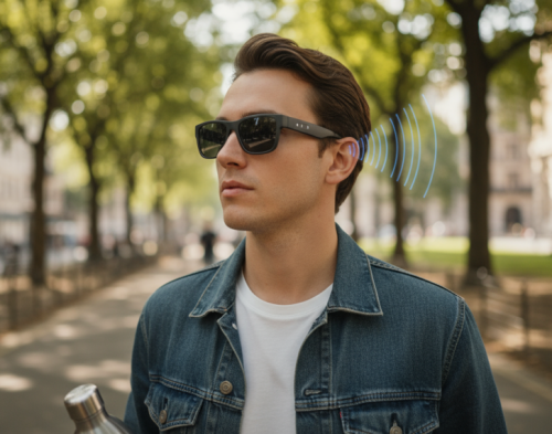 a white young man wearing an AI smart audio eyewear