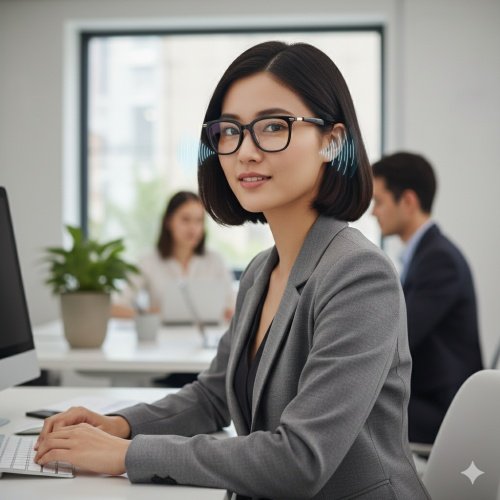 a office lady wear the smart bluetooth glasses with small sound waves coming out of the glasses templesarms