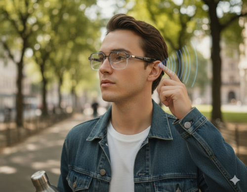 the guy wears the glasses of and answer phone call by his finger pressing the button on the right temple the guy wears the glasses of and answer phone call by his finger pressing the button on the right temple