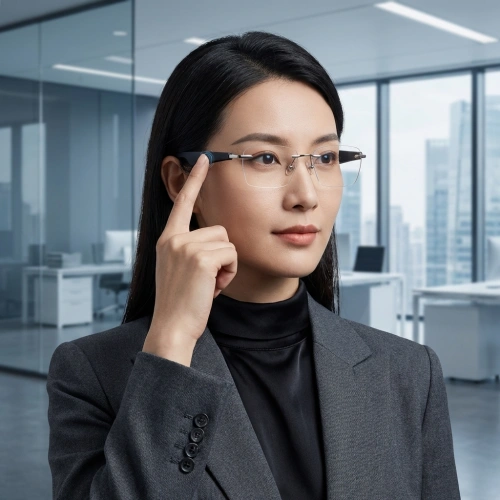 a young girl wears an audio glasses at the office