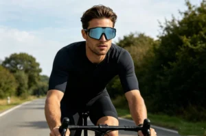 A CYCLIST WEARING AN ELECTROPHOTOCHROMIC GLASSES